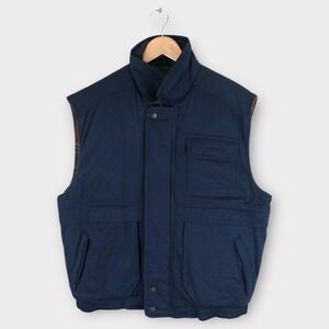Vintage Expedition Navy Canvas Work Vest Mens Medium Plaid Lined Utility Pockets
